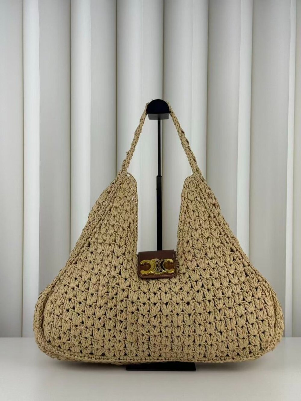 Celine Beige Woven Raffia Shoulder Bag with Gold-Tone Hardware